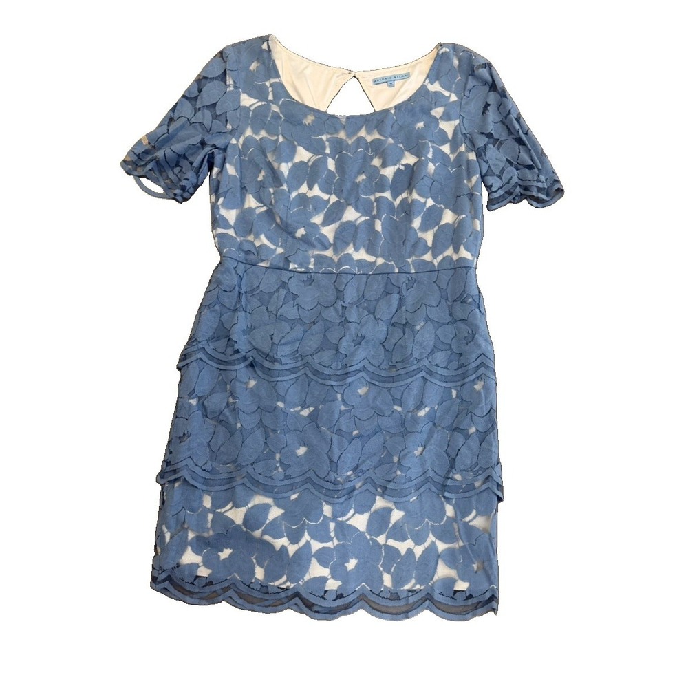 Antonio Melani Dress Size 14 Blue Floral Lace Scalloped Sheath Wedding Guest